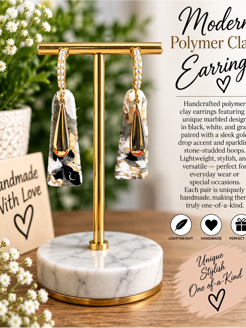 Marbled Black, White & Gold Polymer Clay Drop Earrings with Gold Teardrop Accent
